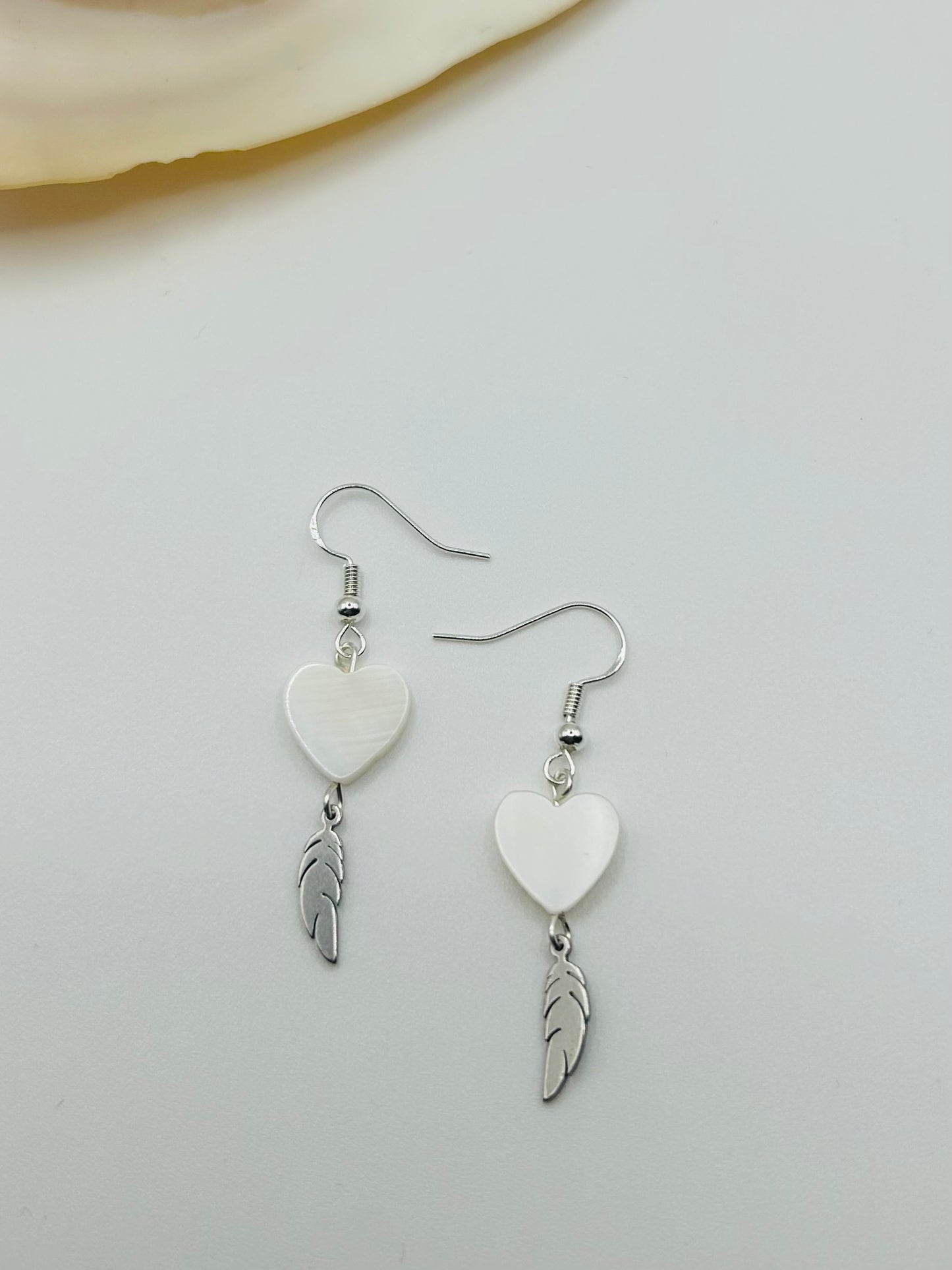 White Heart & Feather Earrings